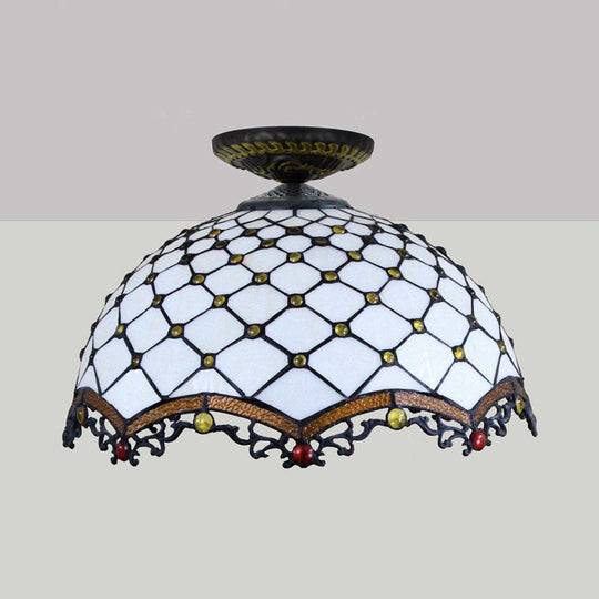 Tiffany-Style Stained Glass Jeweled Ceiling Light In Bronze Flush Mount Multiple Sizes Available
