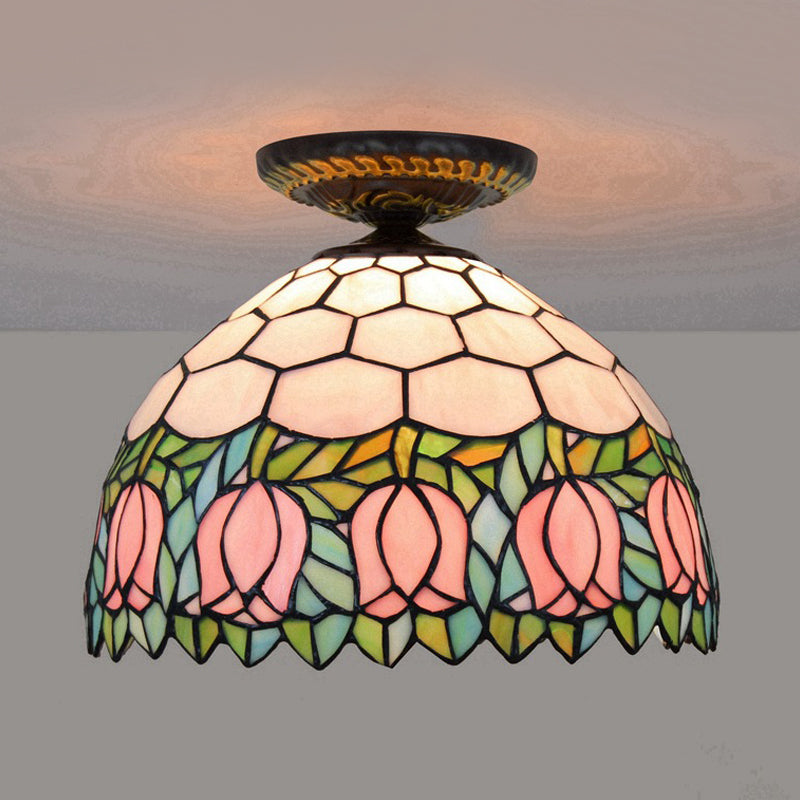 Tiffany-Style Stained Glass Floral Ceiling Fixture: Bronze Flush Mount With Single Bulb