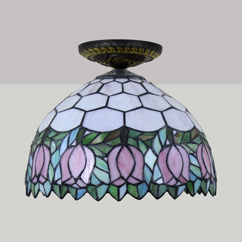 Tiffany-Style Stained Glass Floral Ceiling Fixture: Bronze Flush Mount With Single Bulb