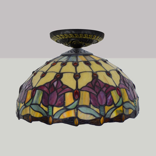 Tiffany-Style Stained Glass Floral Ceiling Fixture: Bronze Flush Mount With Single Bulb