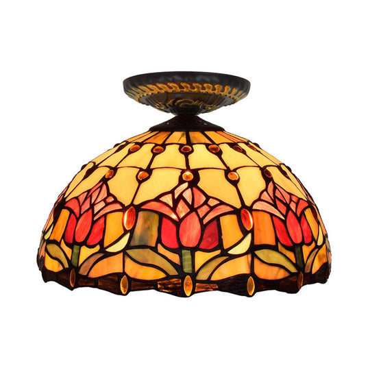 Tiffany-Style Stained Glass Floral Ceiling Fixture: Bronze Flush Mount With Single Bulb