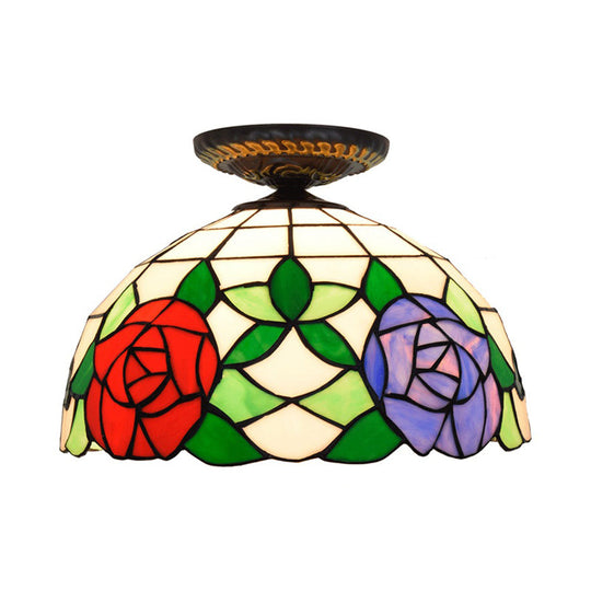 Tiffany-Style Stained Glass Floral Ceiling Fixture: Bronze Flush Mount With Single Bulb