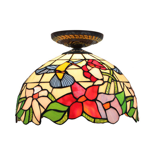 Tiffany-Style Stained Glass Floral Ceiling Fixture: Bronze Flush Mount With Single Bulb