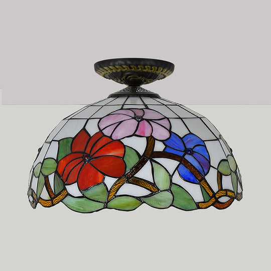 Tiffany Peony Flush Mount Lamp: Stained Glass Ceiling Lighting Fixture In Bronze 12/16 Wide