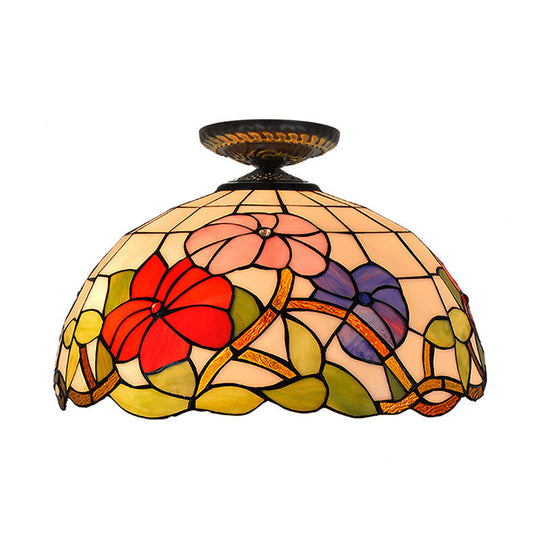 Tiffany Peony Flush Mount Lamp: Stained Glass Ceiling Lighting Fixture In Bronze 12’/16’ Wide