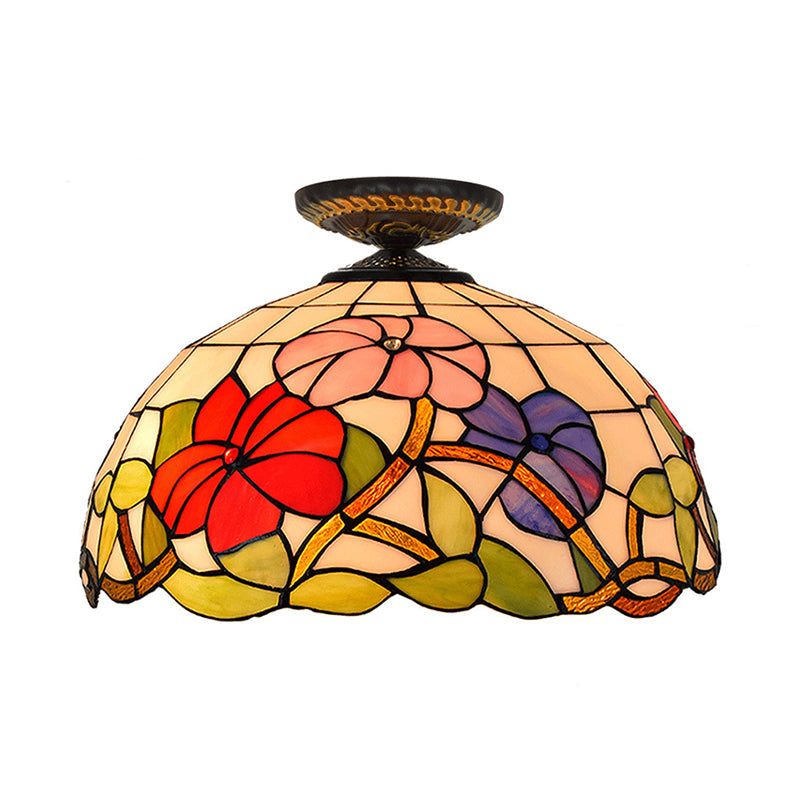 Tiffany Peony Flush Mount Lamp: Stained Glass Ceiling Lighting Fixture In Bronze 12/16 Wide