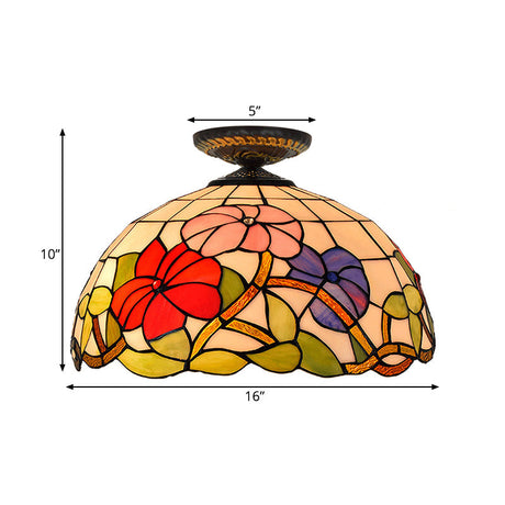 Tiffany Peony Flush Mount Lamp: Stained Glass Ceiling Lighting Fixture In Bronze 12/16 Wide