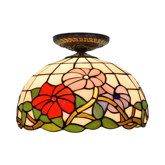 Tiffany Peony Flush Mount Lamp: Stained Glass Ceiling Lighting Fixture In Bronze 12’/16’ Wide