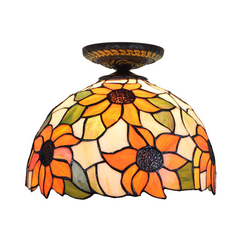 Sunflower Tiffany Stained Glass Ceiling Lamp - 1 Light Brass Flush Mount