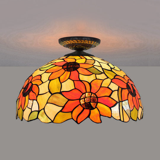 Sunflower Tiffany Stained Glass Ceiling Lamp - 1 Light Brass Flush Mount / 16’