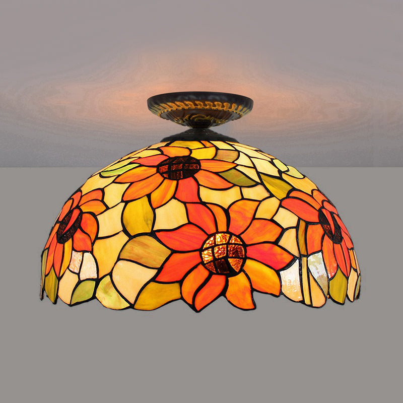 Sunflower Tiffany Stained Glass Ceiling Lamp - 1 Light Brass Flush Mount / 16