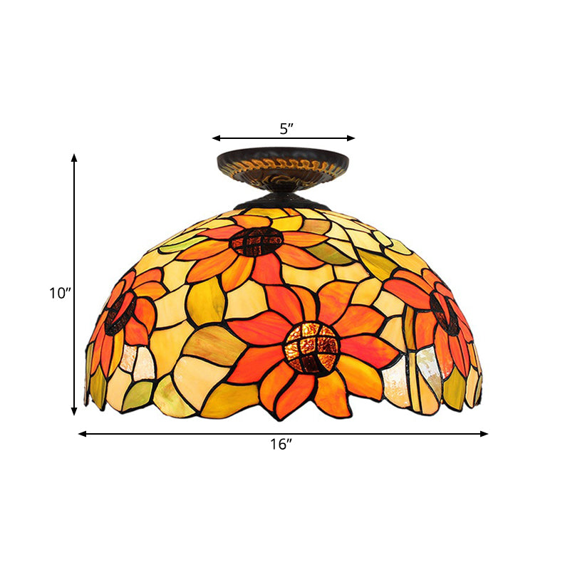 Sunflower Tiffany Stained Glass Ceiling Lamp - 1 Light Brass Flush Mount