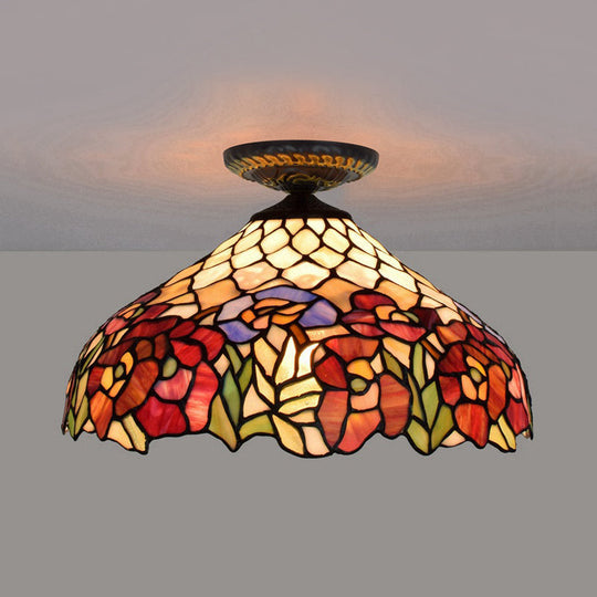 Rose Metal Tiffany Flush Mount Ceiling Light Fixture - Brass Finish 12’/16’ Diameter / 16’