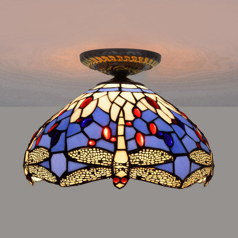 Tiffany Dragonfly Flush Mount Lamp - Stained Glass Close To Ceiling Lighting Fixture In Brass