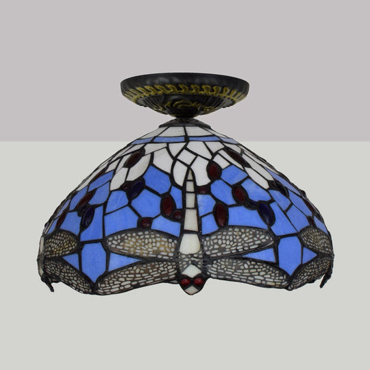 Tiffany Dragonfly Flush Mount Lamp - Stained Glass Close To Ceiling Lighting Fixture In Brass