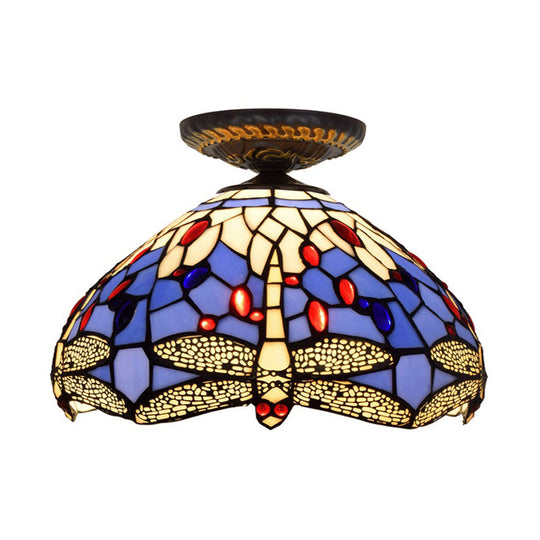 Tiffany Dragonfly Flush Mount Lamp - Stained Glass Close To Ceiling Lighting Fixture In Brass