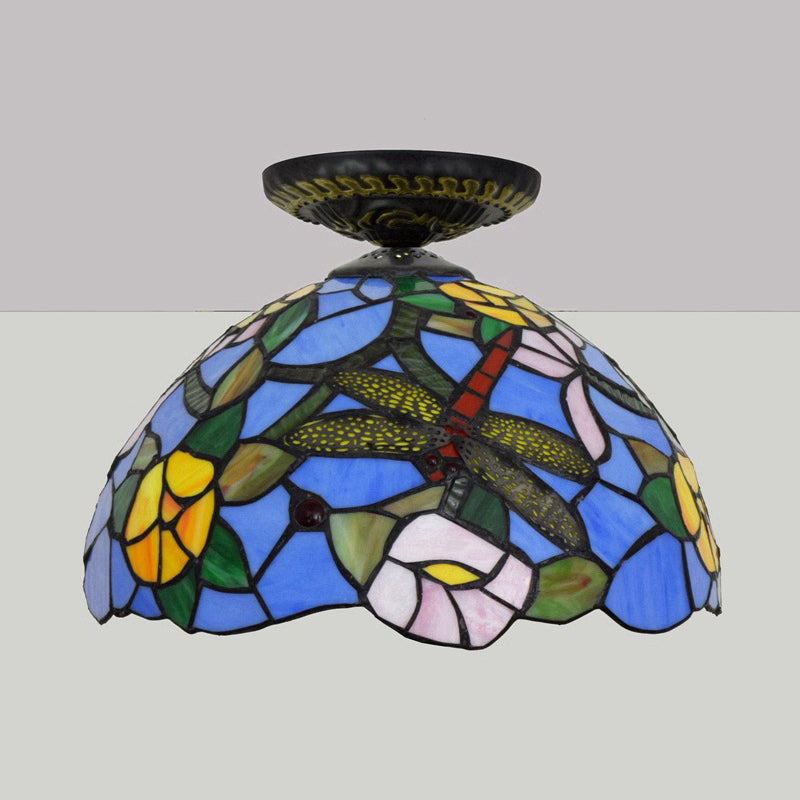 Tiffany Dragonfly Flush Mount Lamp - Stained Glass Close To Ceiling Lighting Fixture In Brass