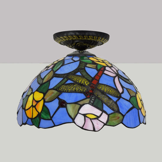 Tiffany Dragonfly Flush Mount Lamp - Stained Glass Close To Ceiling Lighting Fixture In Brass