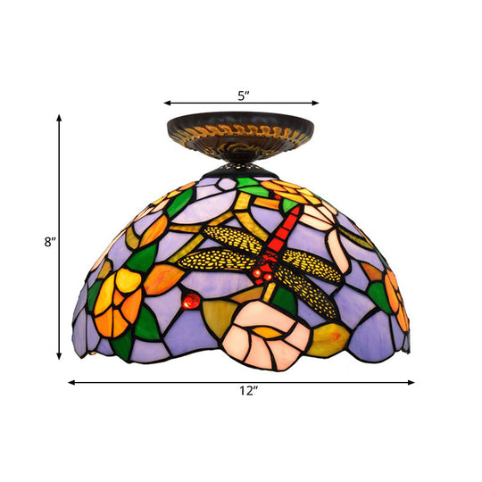 Tiffany Dragonfly Flush Mount Lamp - Stained Glass Close To Ceiling Lighting Fixture In Brass