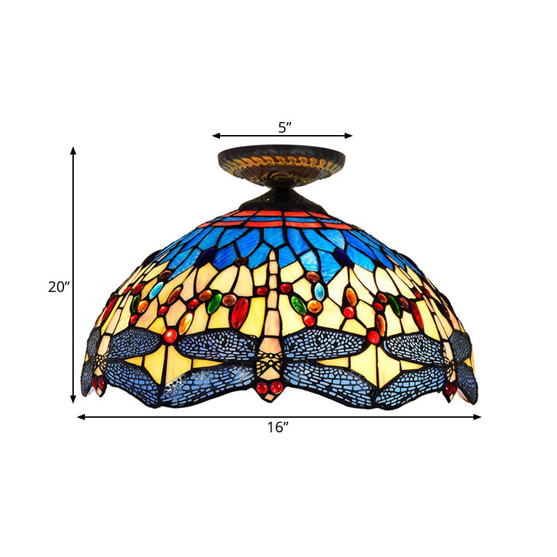 Tiffany White/Red Dragonfly Stained Glass Porch Ceiling Mount Lamp
