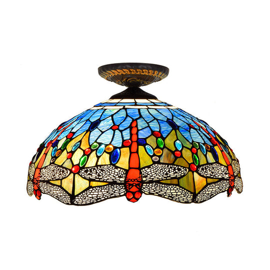 Tiffany White/Red Dragonfly Stained Glass Porch Ceiling Mount Lamp