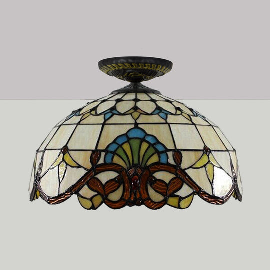 Tiffany Hand Rolled Art Glass Floral Flush Mount Light With Yellow/Blue Shade 12/16 W