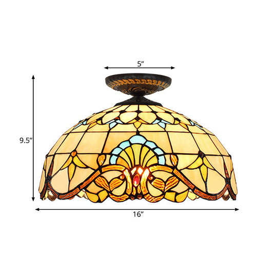 Tiffany Hand Rolled Art Glass Floral Flush Mount Light With Yellow/Blue Shade 12’/16’ W