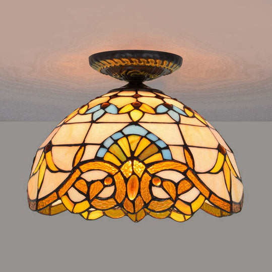 Tiffany Hand Rolled Art Glass Floral Flush Mount Light With Yellow/Blue Shade 12/16 W Yellow / 12