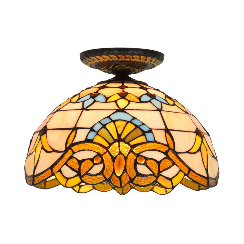 Tiffany Hand Rolled Art Glass Floral Flush Mount Light With Yellow/Blue Shade 12/16 W