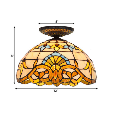 Tiffany Hand Rolled Art Glass Floral Flush Mount Light With Yellow/Blue Shade 12/16 W