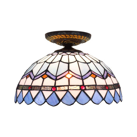 Tiffany Hand Rolled Art Glass Floral Flush Mount Light With Yellow/Blue Shade 12/16 W