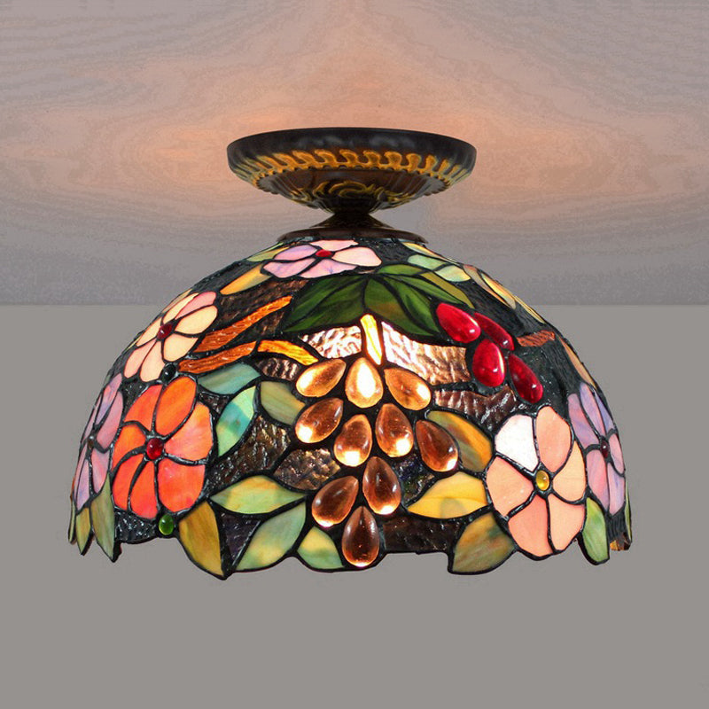 Tiffany 1-Light Stained Glass Blossom Ceiling Lamp- Brass Flushmount 12’/16’ Width