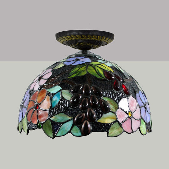 Tiffany 1-Light Stained Glass Blossom Ceiling Lamp- Brass Flushmount 12’/16’ Width