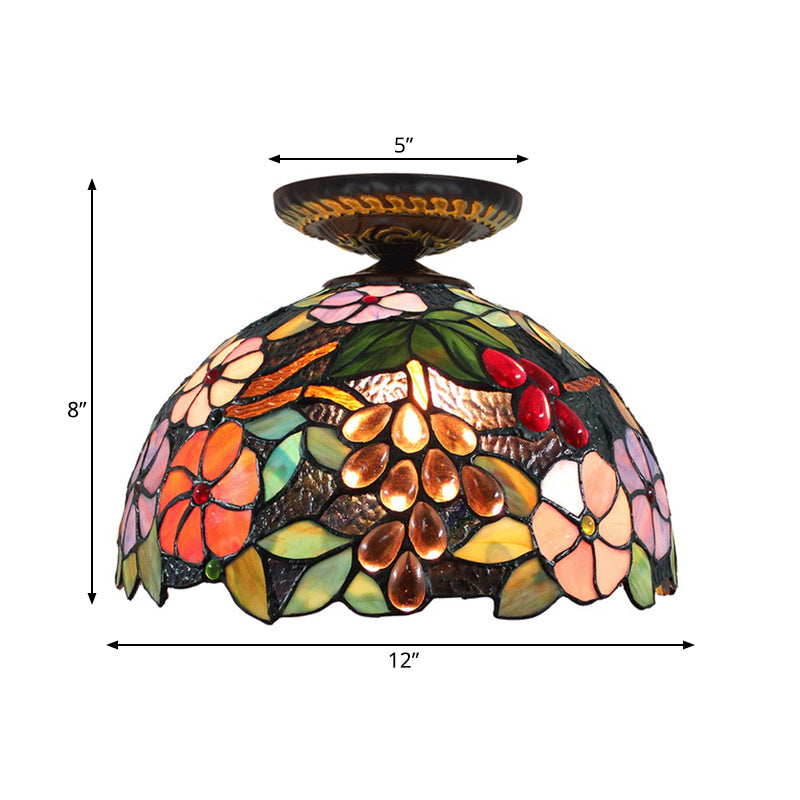 Tiffany 1-Light Stained Glass Blossom Ceiling Lamp- Brass Flushmount 12’/16’ Width