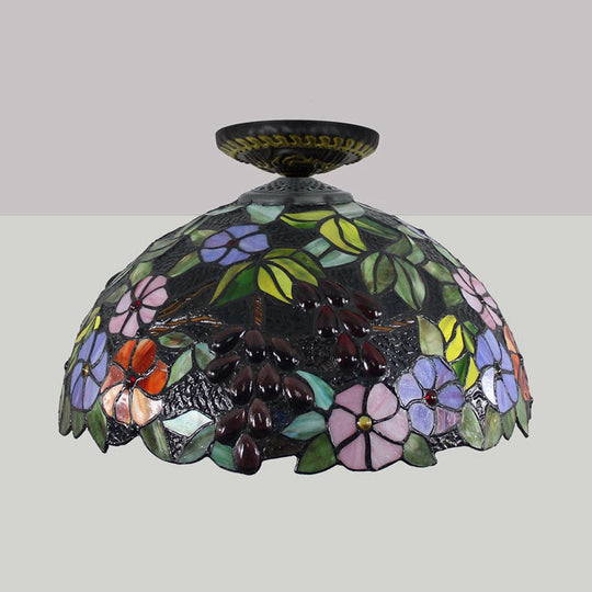Tiffany 1-Light Stained Glass Blossom Ceiling Lamp- Brass Flushmount 12’/16’ Width