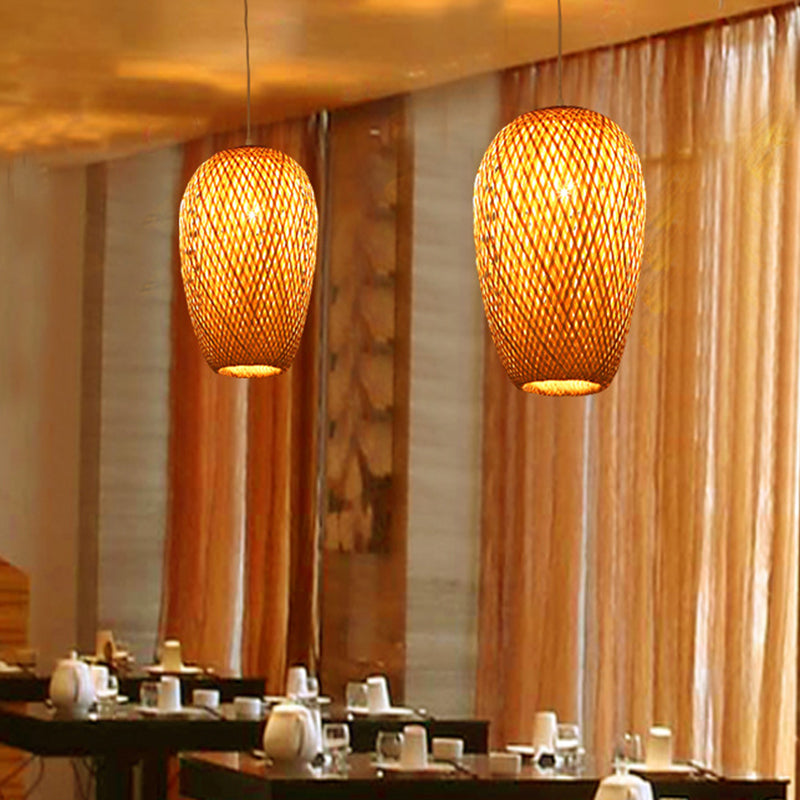 14.5’ H Bamboo Oblong Pendant - 1 Light Asia Hanging Ceiling In Beige