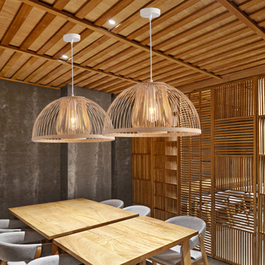 16’/19’ Modern Bamboo Domed Ceiling Pendant Light - 1 Beige Hanging Lamp Kit / 16’