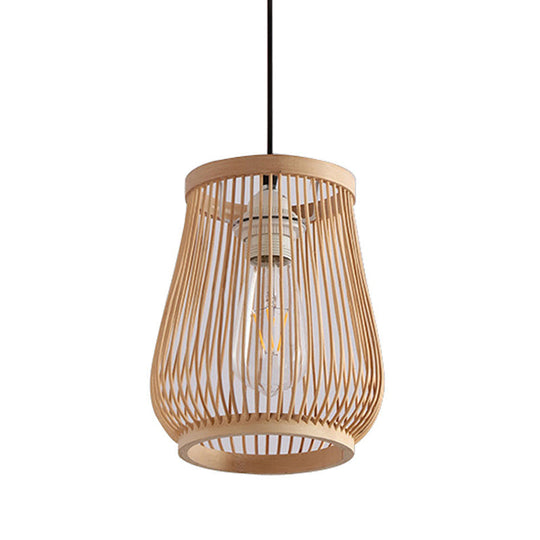Modern Bamboo Pendant Light In Beige: Barrel Style Down Lighting For Dining Room