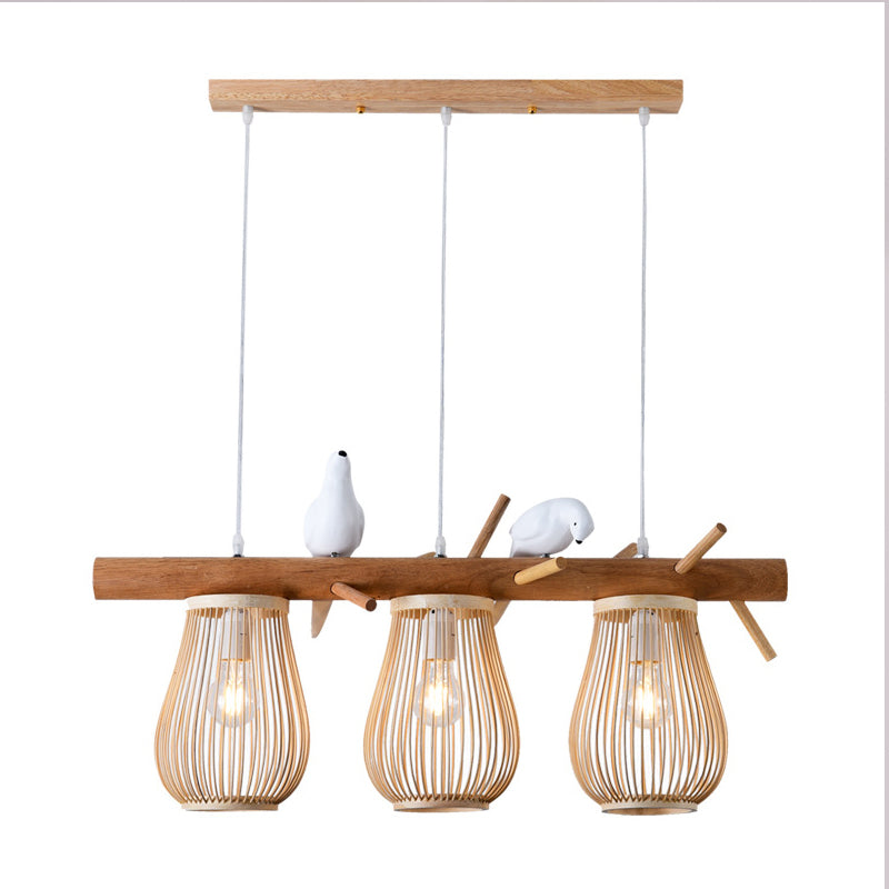 Dining Room Pendant Beige Hanging Lamp With Bamboo Barrel Shade