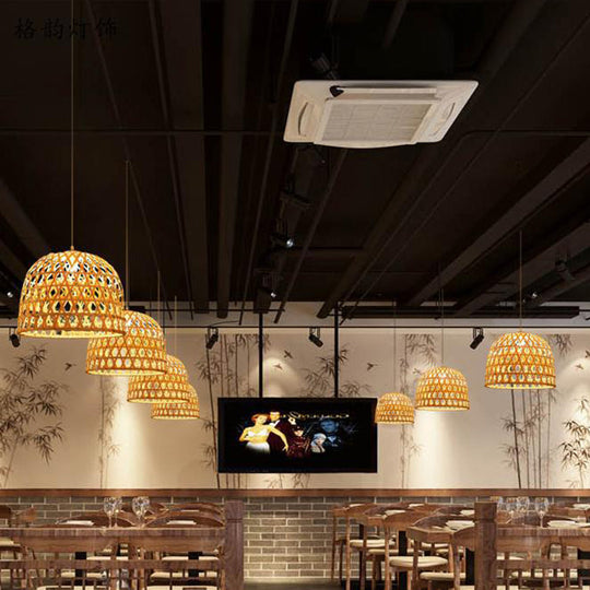 Modern Dome Bamboo Pendant Lighting 1 Light Ceiling Lamp - 14’/19.5’ Diameter Beige Dining Room