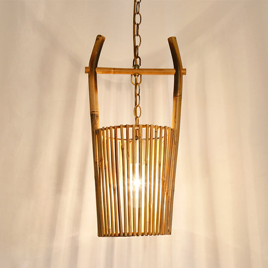 Modern Beige Bamboo Barrel Pendant Light With Suspension - 1-Light Hanging Lamp