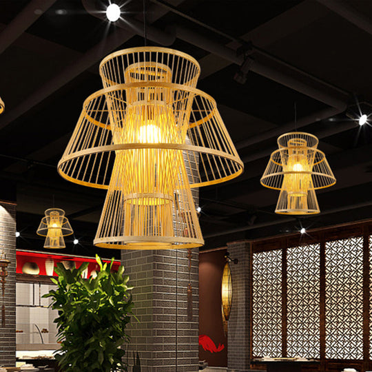 Modern Bamboo Tiered Ceiling Lamp - 1 Light Beige Pendant For Dining Room