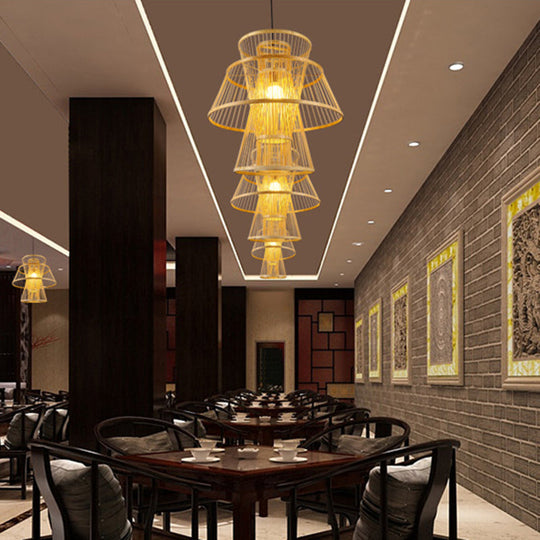 Modern Bamboo Tiered Ceiling Lamp - 1 Light Beige Pendant For Dining Room