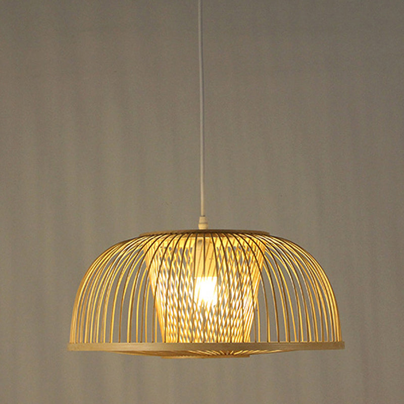 Modern Domed Bamboo Pendant Light Kit - 1-Light Beige Suspension For Dining Room