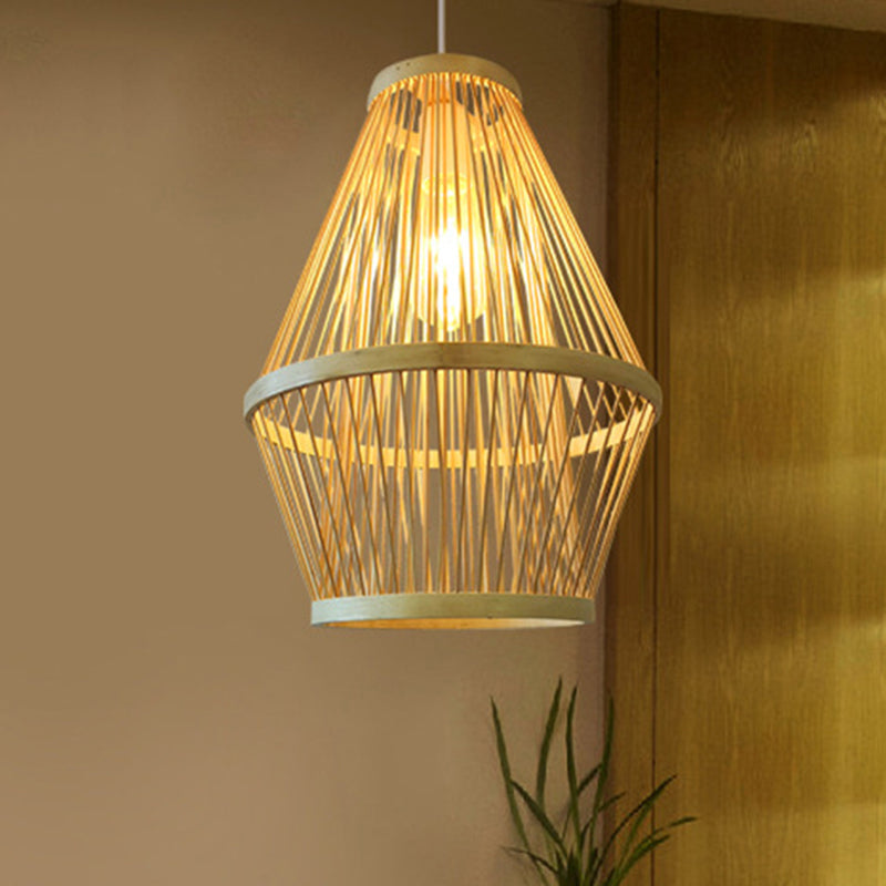 Modern Curved Bamboo Pendant Light Fixture For Dining Room - 1 Wood Hanging Lamp