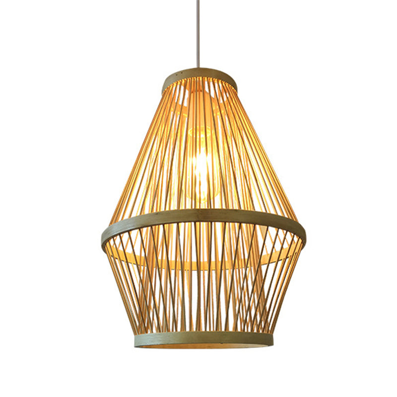 Modern Curved Bamboo Pendant Light Fixture For Dining Room - 1 Wood Hanging Lamp