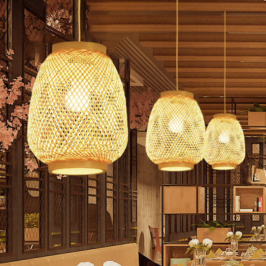 Contemporary Beige Lantern Pendant Light For Restaurants - 1-Light Ceiling Fixture