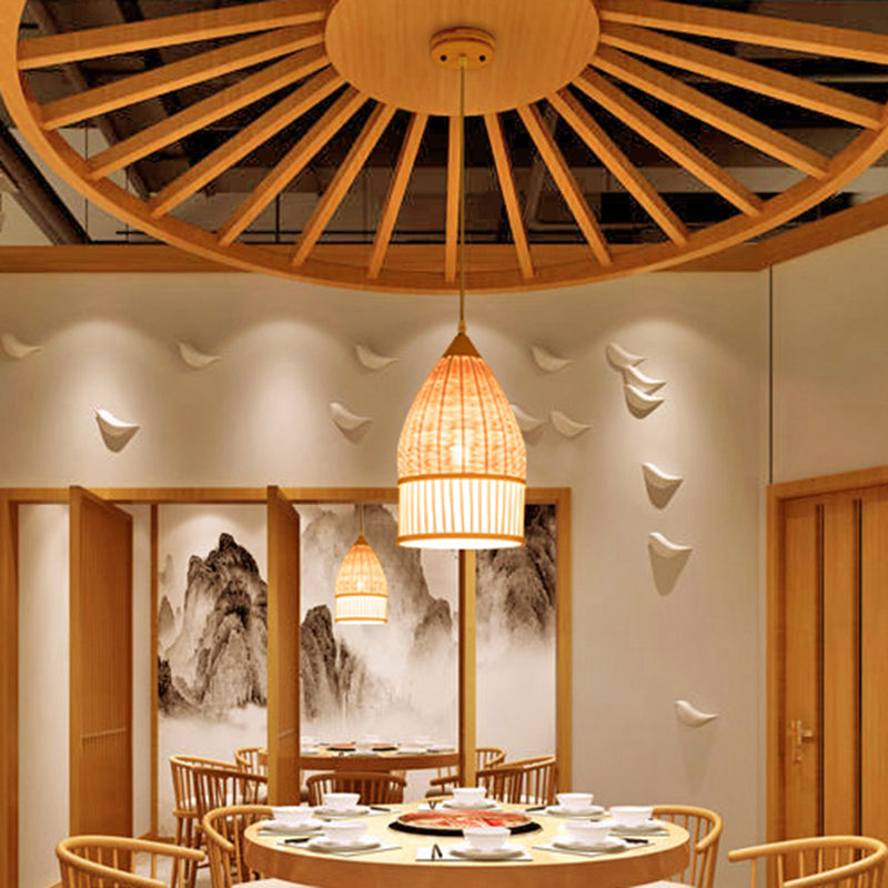 Asia Beige Bamboo Pendant Ceiling Light For Dining Room With Elongated Shade