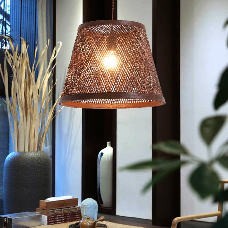 Modern Rattan Cone Pendant Light Kit For Dining Room - 1 Brown Suspension