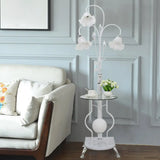 3-Bulb Countryside Metal Floor Light: Elegant Black/White Standing Lamp With Floral Glass Shade